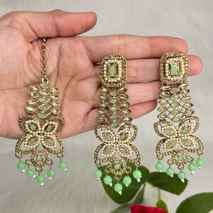 Elegant Mint Green & Gold Ad stone Earrings